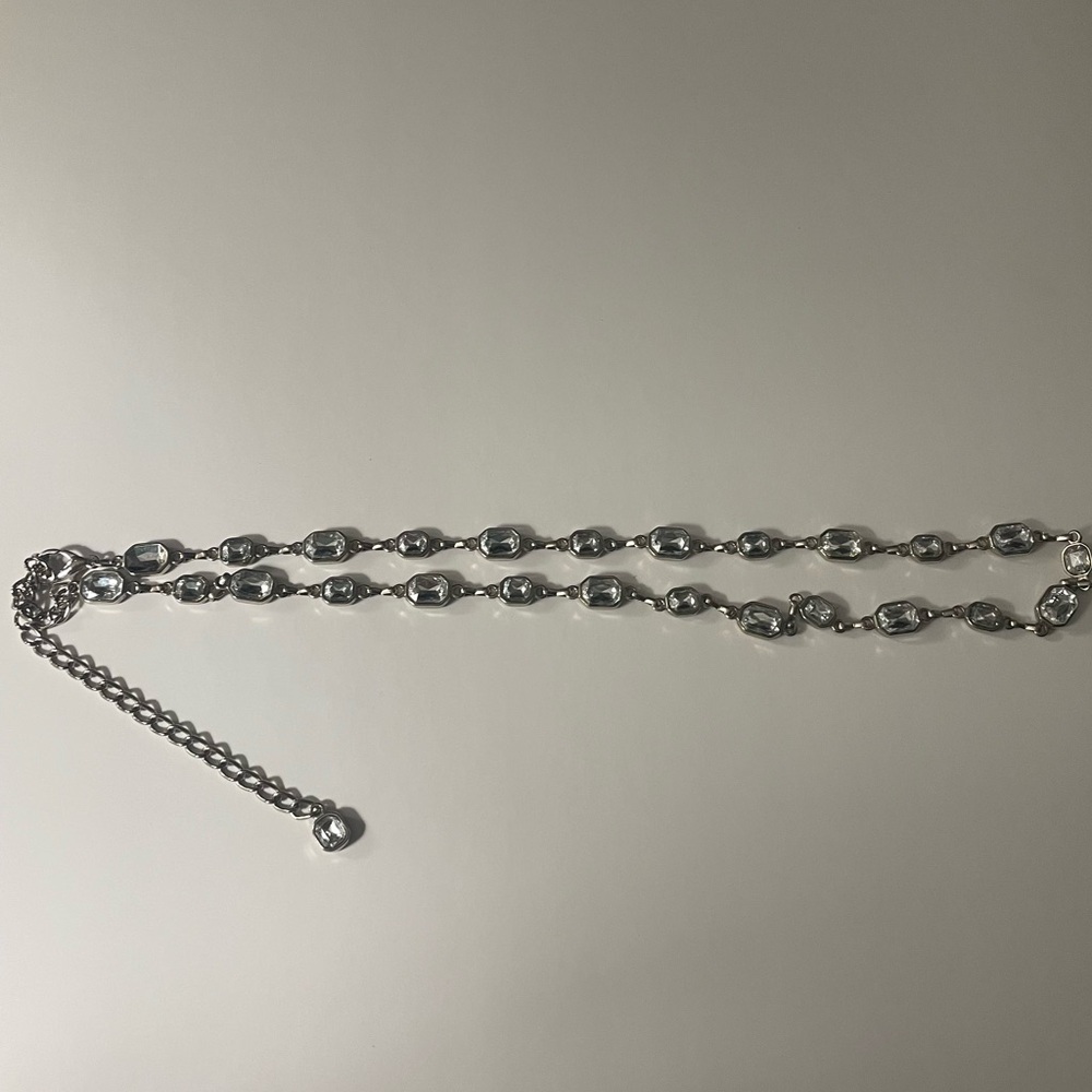 Vintage Silver Tone Metal Chain Belt with Clear Gem Accents 42”